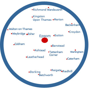 map of service area - 10 mile radius around Epsom